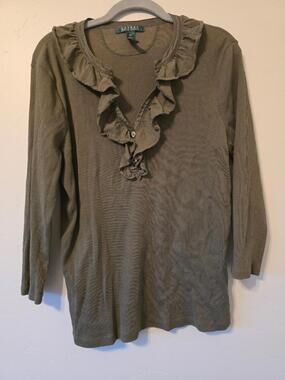 Lauren Ralph Lauren Olive Ruffle Henley Ribbed Top XL